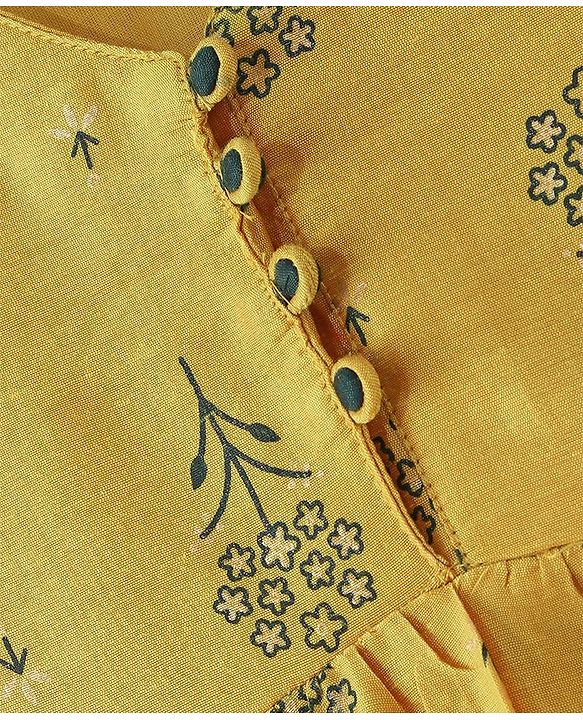 Pine Kids Silk Viscose Woven Half Sleeves Gold Foil Floral Printed Kurti Salwar Set with Shaded Dupatta- Yellow