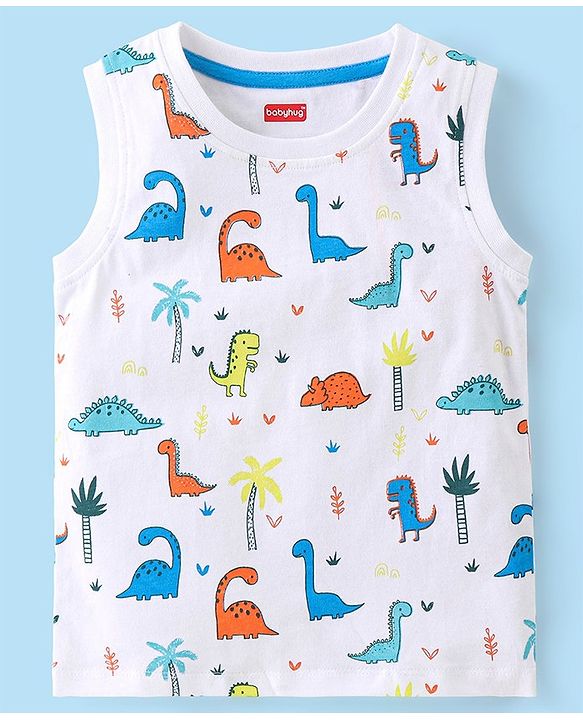 Babyhug 100% Cotton Knit Sleeveless T-Shirt Dino Print - White