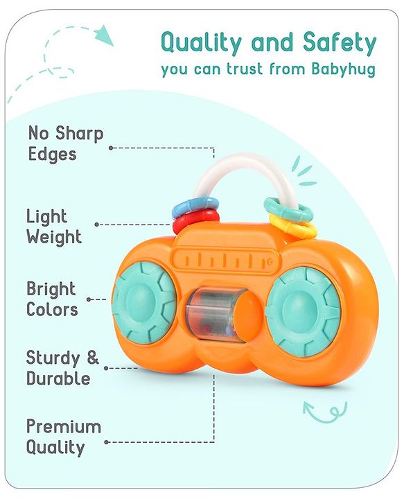Babyhug Premium Mini Radio Shaped Baby Rattle  Yellow | Interactive Toy | Child-Safe, Non-Toxic | Enhances Grasping & Sensory Skills | Gift for 3+ Months | BIS Certified