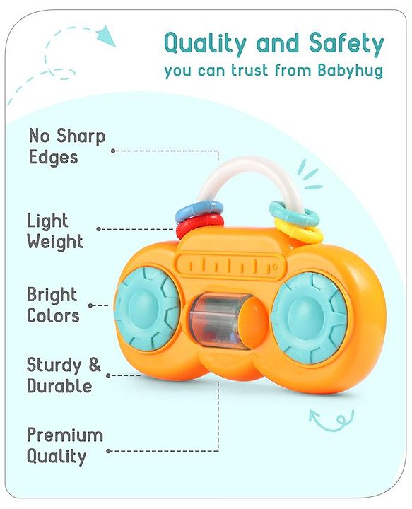 Babyhug Premium Mini Radio Shaped Baby Rattle  Yellow | Interactive Toy | Child-Safe, Non-Toxic | Enhances Grasping & Sensory Skills | Gift for 3+ Months | BIS Certified