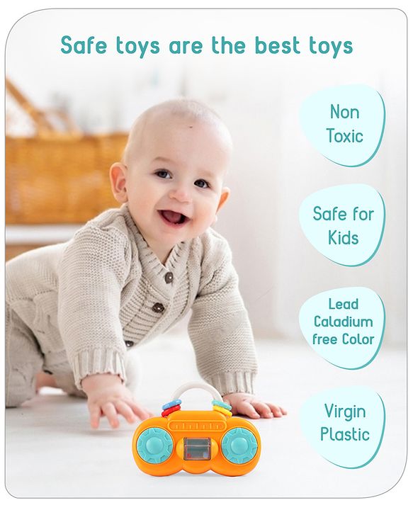 Babyhug Premium Mini Radio Shaped Baby Rattle  Yellow | Interactive Toy | Child-Safe, Non-Toxic | Enhances Grasping & Sensory Skills | Gift for 3+ Months | BIS Certified