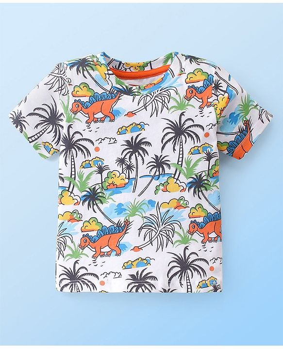 Babyhug Cotton Knit Half Sleeves  T-Shirt Dino Print- White