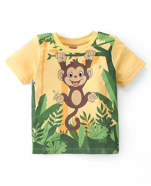 Babyhug Cotton Knit Half Sleeves  T-Shirt Monkey  Graphics- Yellow