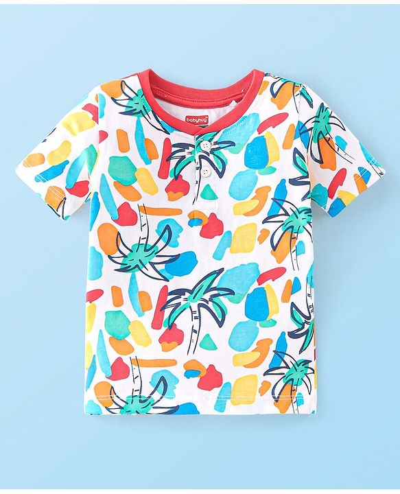 Babyhug 100% Cotton Knit Half Sleeves T-Shirt With Palm Tree Graphics - Multicolour
