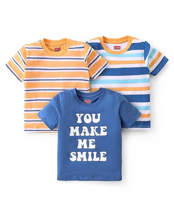 Babyhug Cotton Knit Half Sleeves  T-Shirts Striped & Text Graphics Pack of 3 - Multicolour