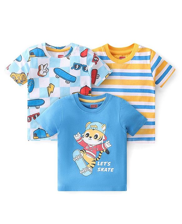 Babyhug Cotton Knit Half Sleeves T-Shirt Stripes & Tiger Graphics Pack of 3 - Multicolour