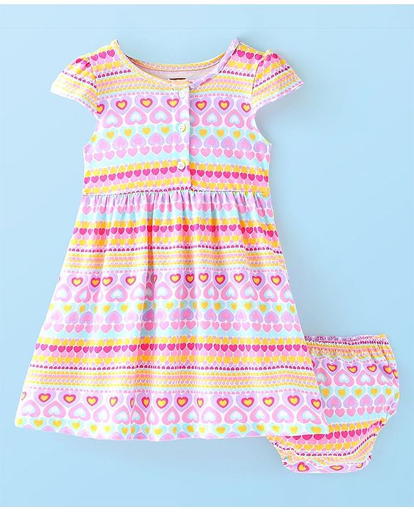 Babyhug Single Jersey Knit Cap Sleeves Frock with Bloomer Heart Print - Multicolor