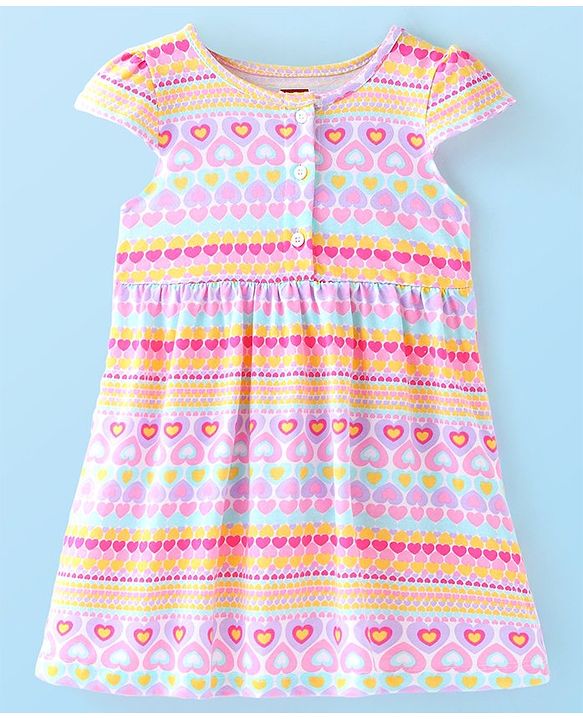 Babyhug Single Jersey Knit Cap Sleeves Frock with Bloomer Heart Print - Multicolor