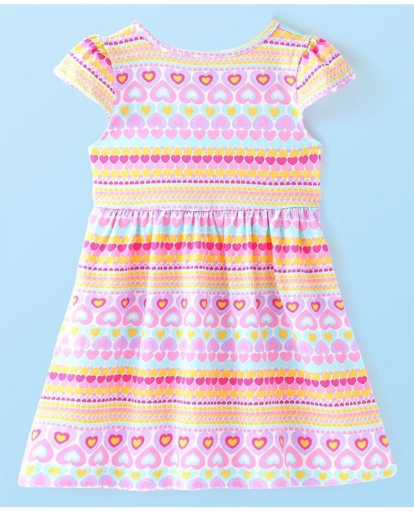 Babyhug Single Jersey Knit Cap Sleeves Frock with Bloomer Heart Print - Multicolor