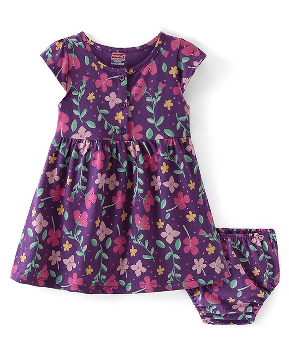 Babyhug Single Jersey Knit Cap Sleeves Floral Printed Frock with Bloomer - Navy Blue