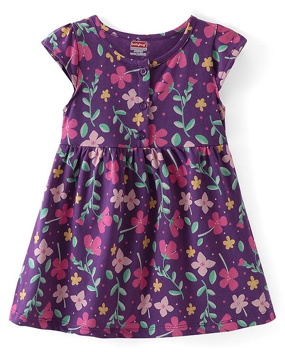 Babyhug Single Jersey Knit Cap Sleeves Floral Printed Frock with Bloomer - Navy Blue