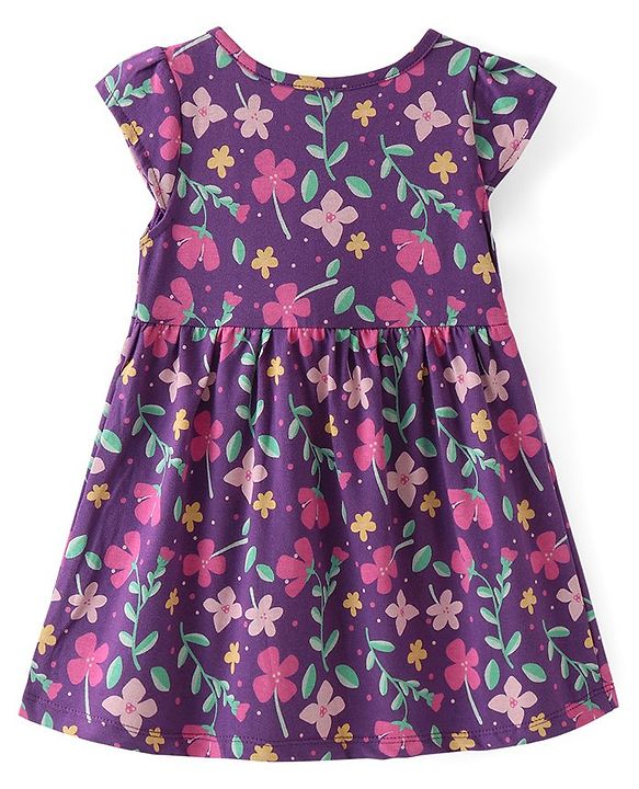 Babyhug Single Jersey Knit Cap Sleeves Floral Printed Frock with Bloomer - Navy Blue