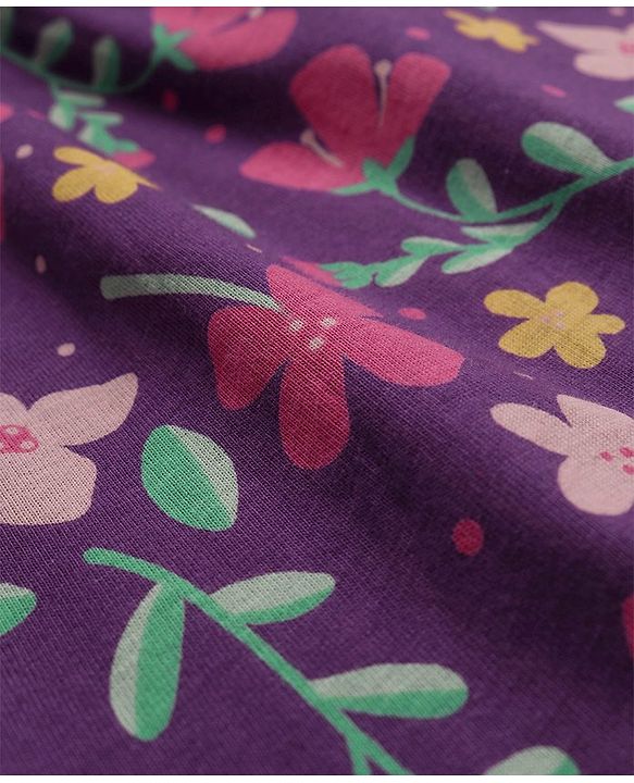 Babyhug Single Jersey Knit Cap Sleeves Floral Printed Frock with Bloomer - Navy Blue