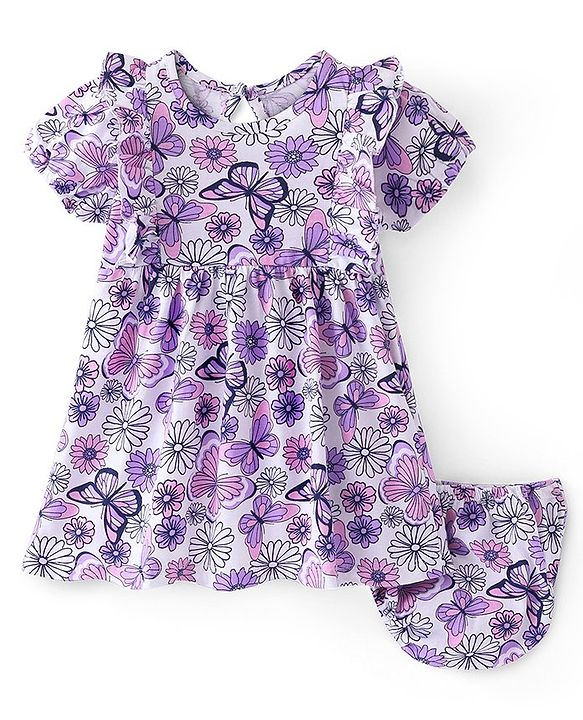 Babyhug Single Jersey Half Sleeves Frock with Bloomer Floral & Butterfly Print - White