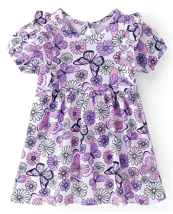 Babyhug Single Jersey Half Sleeves Frock with Bloomer Floral & Butterfly Print - White