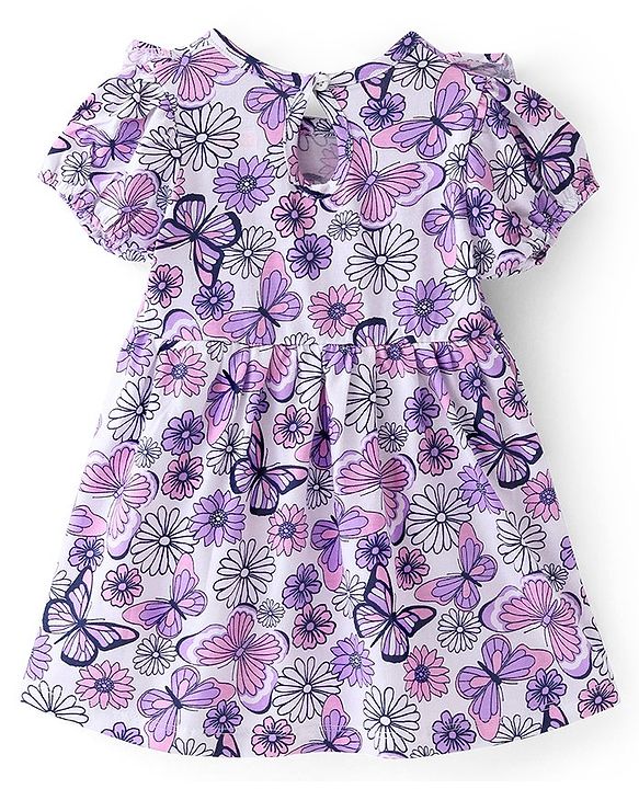 Babyhug Single Jersey Half Sleeves Frock with Bloomer Floral & Butterfly Print - White
