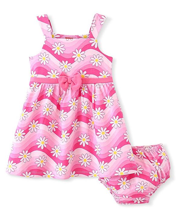 Babyhug 100% Cotton Single Jersey Knit Sleeveless Frock With Bloomer Floral Print - Pink