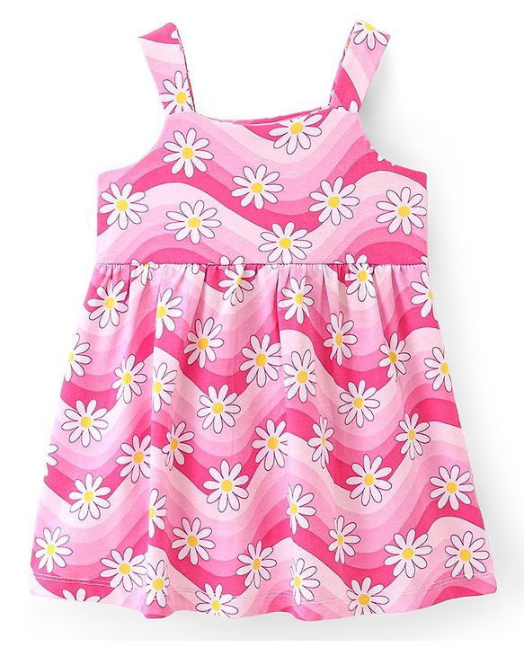 Babyhug 100% Cotton Single Jersey Knit Sleeveless Frock With Bloomer Floral Print - Pink