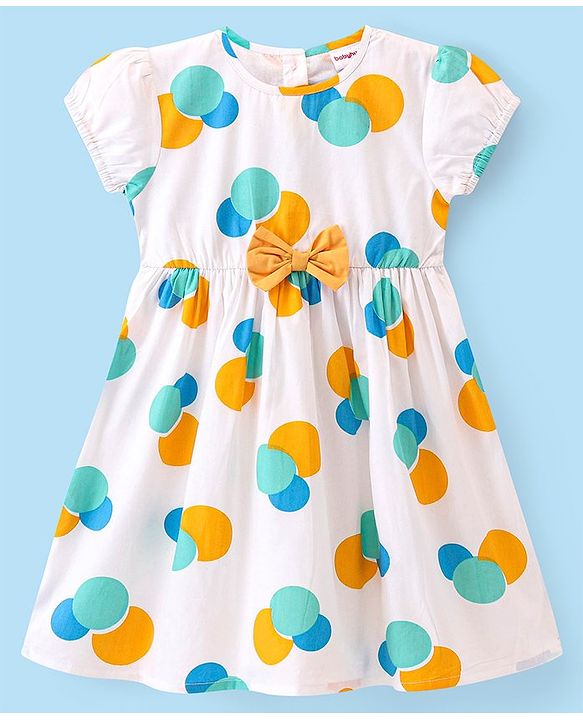 Babyhug 100% Cotton Woven Half Sleeves Frock with Bow Applique Circle Print - White