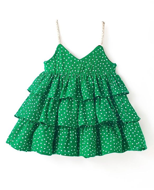 Babyhug Rayon Woven Sleeveless Frock Floral Corsage & Polka Dot Print - Green