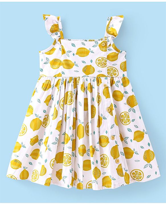 Babyhug Rayon Woven Sleeveless Frock Lemon Print - White