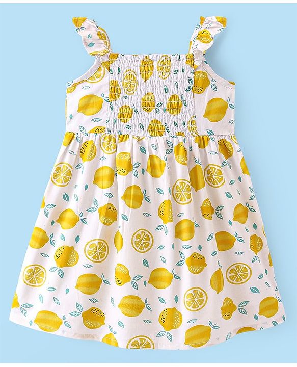 Babyhug Rayon Woven Sleeveless Frock Lemon Print - White