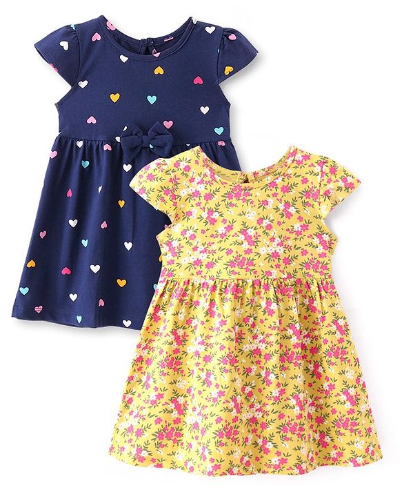 Babyhug Single Jersey Knit Half Sleeves Frocks with Floral Print Bow Applique Pack of 2 - Multicolour
