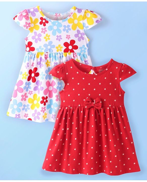 Babyhug Single Jersey Knit Cap Sleeves Frock With Floral & Polka Dot Print Pack of 2 - Red & White