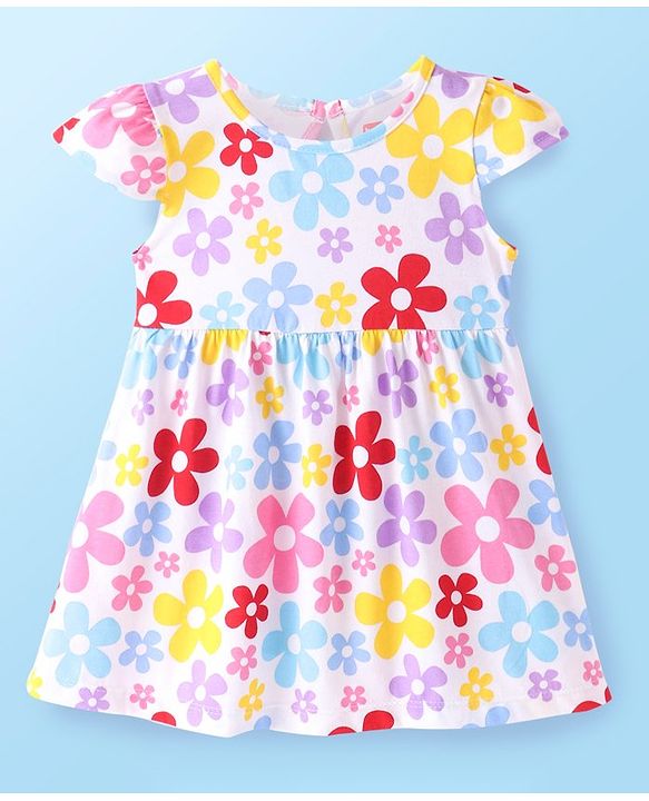 Babyhug Single Jersey Knit Cap Sleeves Frock With Floral & Polka Dot Print Pack of 2 - Red & White