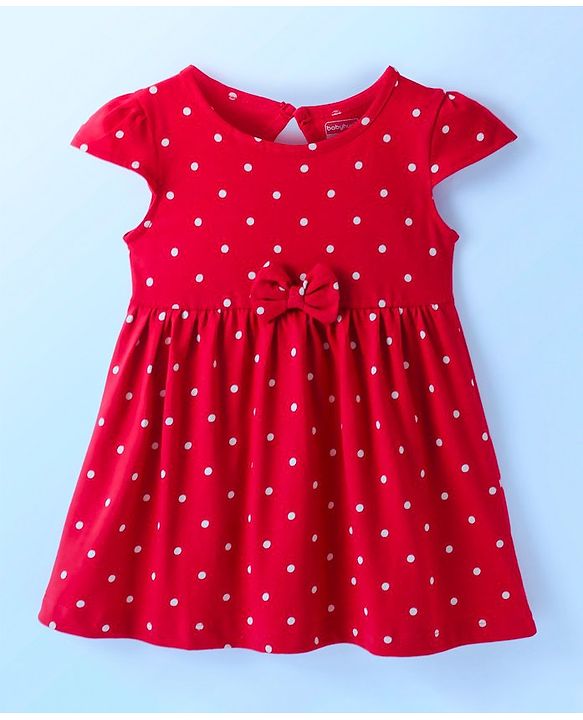 Babyhug Single Jersey Knit Cap Sleeves Frock With Floral & Polka Dot Print Pack of 2 - Red & White
