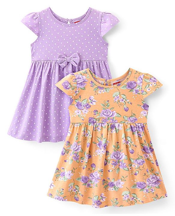 Babyhug Cotton  Knit Half Sleeves Frock with Polka Dot Print Pack of 2 - Multicolor
