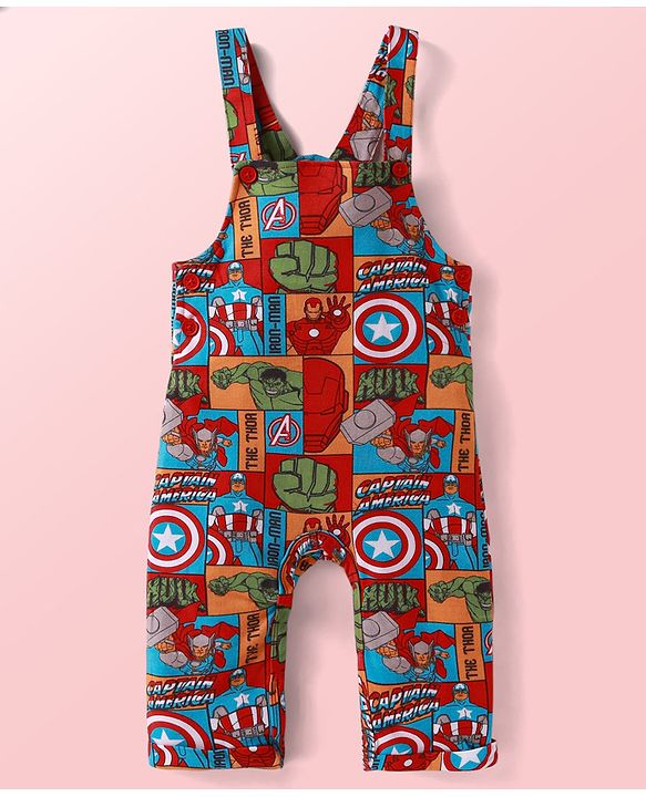 Babyhug Marvel Single Jersey Knit Dungaree with Half Sleeves T-Shirt Avenger Theme Print - Red