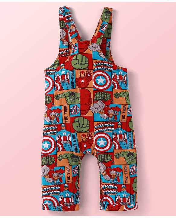 Babyhug Marvel Single Jersey Knit Dungaree with Half Sleeves T-Shirt Avenger Theme Print - Red