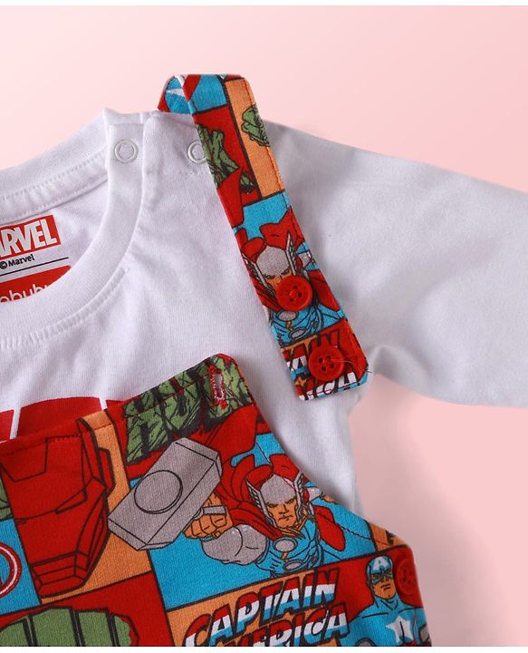 Babyhug Marvel Single Jersey Knit Dungaree with Half Sleeves T-Shirt Avenger Theme Print - Red