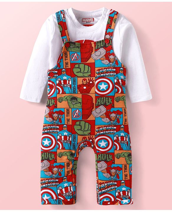Babyhug Marvel Single Jersey Knit Dungaree with Half Sleeves T-Shirt Avenger Theme Print - Red