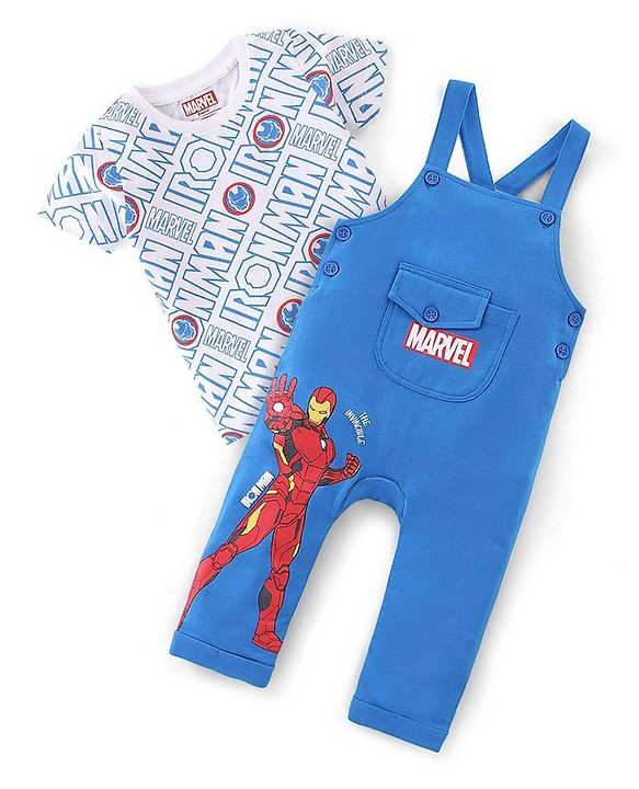 Babyhug Marvel Single Jersey Knit Dungaree with Half Sleeves T-Shirt Text & Avenger Print - Blue