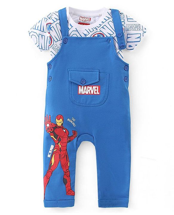 Babyhug Marvel Single Jersey Knit Dungaree with Half Sleeves T-Shirt Text & Avenger Print - Blue