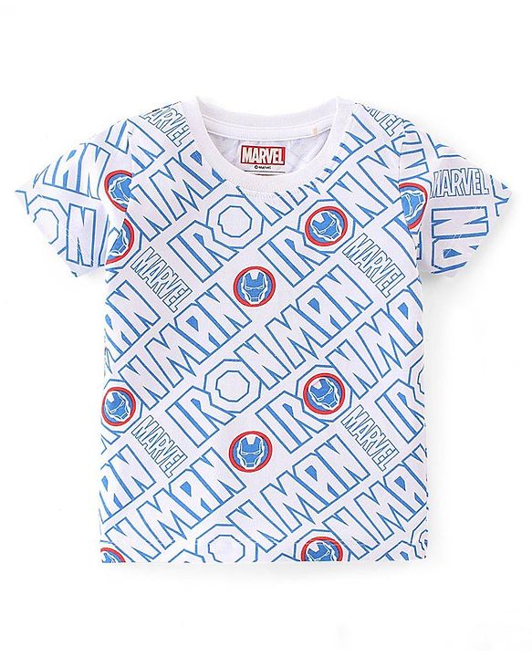 Babyhug Marvel Single Jersey Knit Dungaree with Half Sleeves T-Shirt Text & Avenger Print - Blue