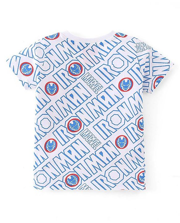 Babyhug Marvel Single Jersey Knit Dungaree with Half Sleeves T-Shirt Text & Avenger Print - Blue
