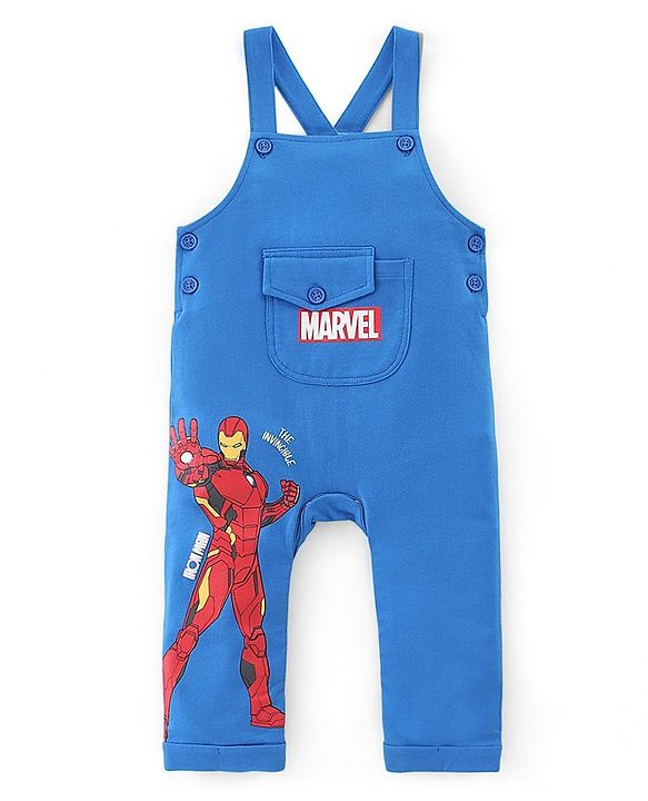 Babyhug Marvel Single Jersey Knit Dungaree with Half Sleeves T-Shirt Text & Avenger Print - Blue