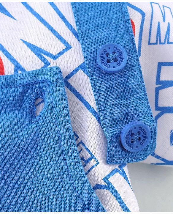 Babyhug Marvel Single Jersey Knit Dungaree with Half Sleeves T-Shirt Text & Avenger Print - Blue