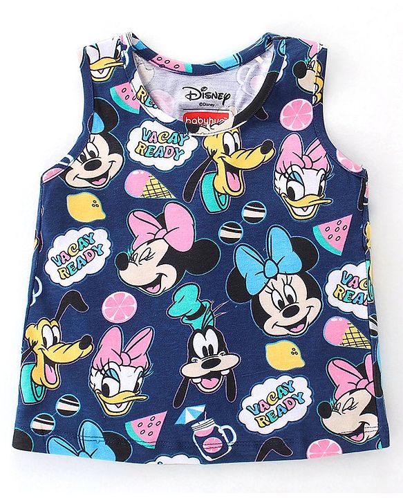 Babyhug Disney Cotton Knit Single Jersey Sleeveless T-Shirt & Shorts with Minnie Mouse Family Print - Navy Blue & Pink