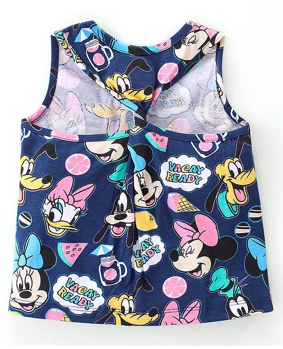 Babyhug Disney Cotton Knit Single Jersey Sleeveless T-Shirt & Shorts with Minnie Mouse Family Print - Navy Blue & Pink
