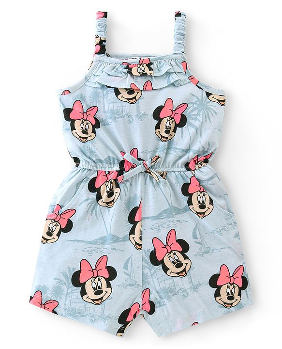 Babyhug Disney Cotton Knit Sleeveless Singlet Jumpsuit with Minnie Mouse Print - Blue