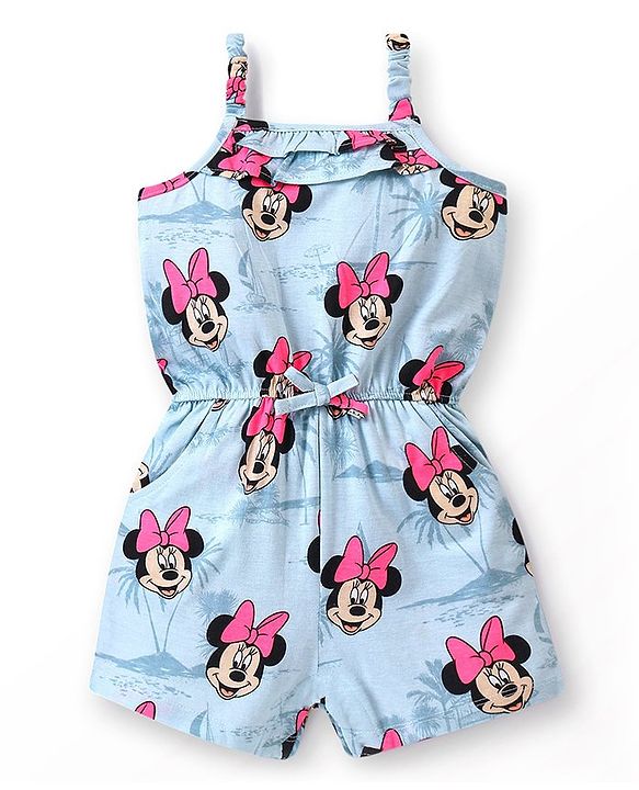 Babyhug Disney Cotton Knit Sleeveless Singlet Jumpsuit with Minnie Mouse Print - Blue