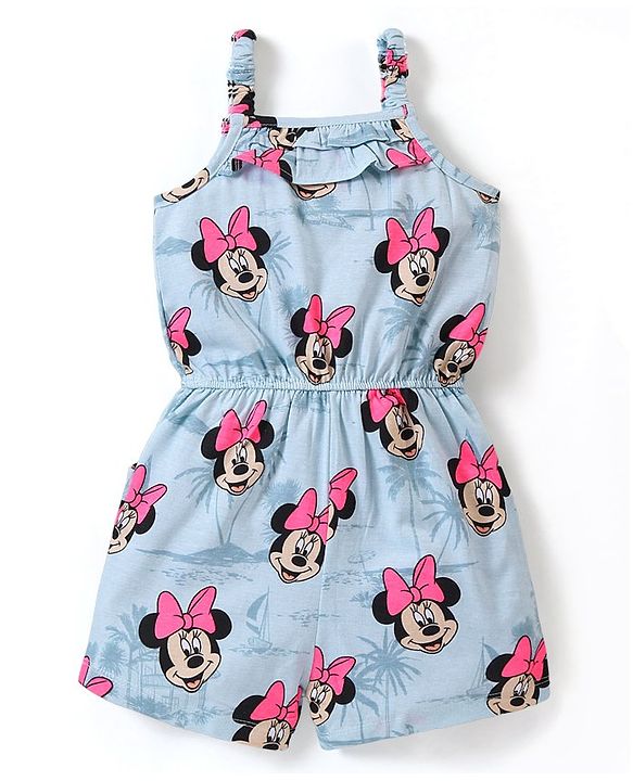Babyhug Disney Cotton Knit Sleeveless Singlet Jumpsuit with Minnie Mouse Print - Blue