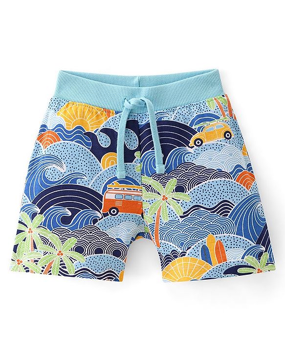 Babyhug Cotton Looper Knit Mid Thigh Length Shorts Scenery Print - Blue