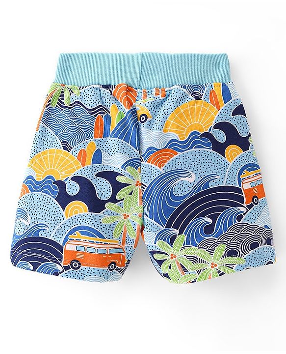 Babyhug Cotton Looper Knit Mid Thigh Length Shorts Scenery Print - Blue