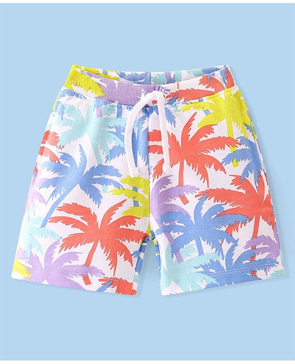 Babyhug Cotton Looper Knit Mid Thigh Length Shorts Palm Tree Print - Multicolour