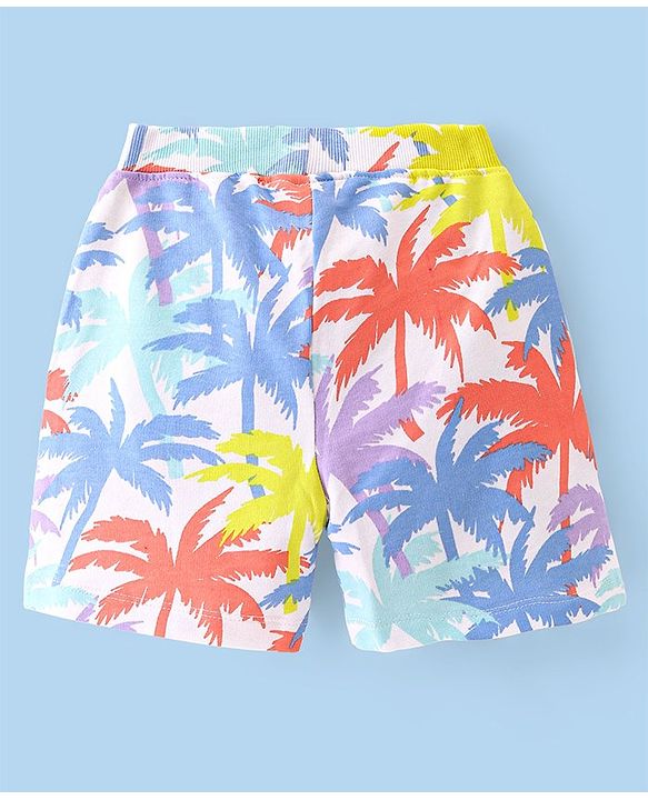 Babyhug Cotton Looper Knit Mid Thigh Length Shorts Palm Tree Print - Multicolour